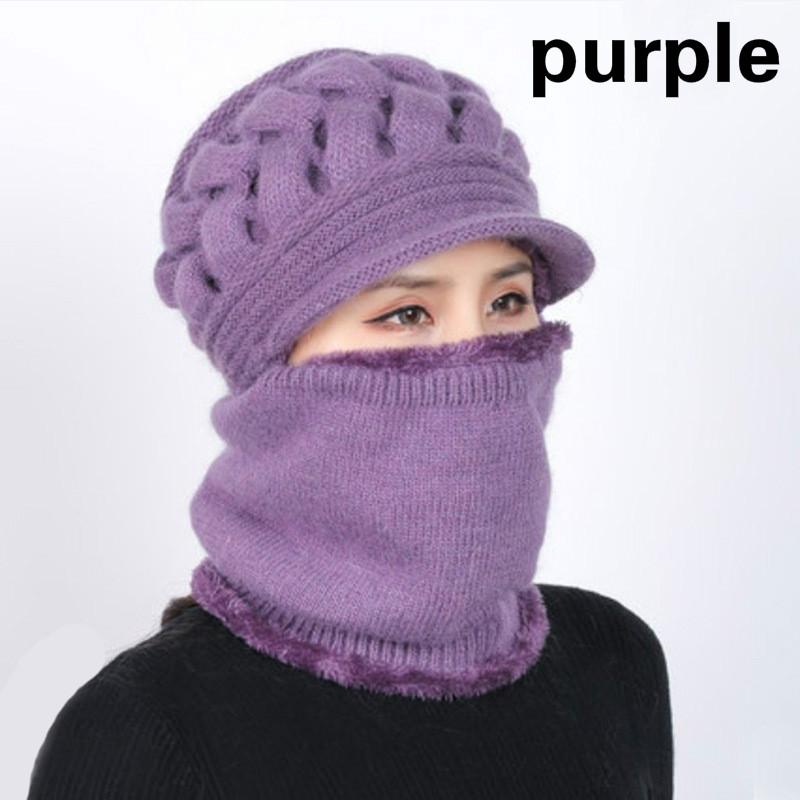 

Женская зимняя теплая шерстяная шапка с нагрудником и защитной шапкой для ушей фиолетовый