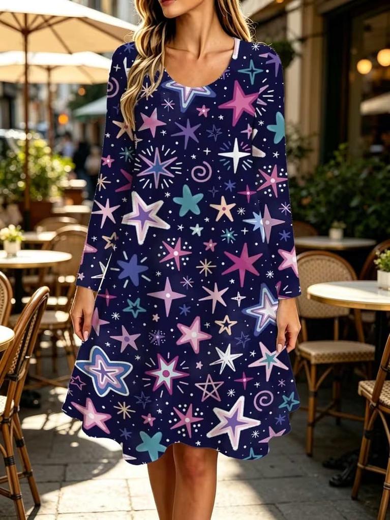 Spring Autumn Women Dress Casual Long Sleeve O-neck 3D Print Loose A-Line Dress Oversized Home Wear Robe