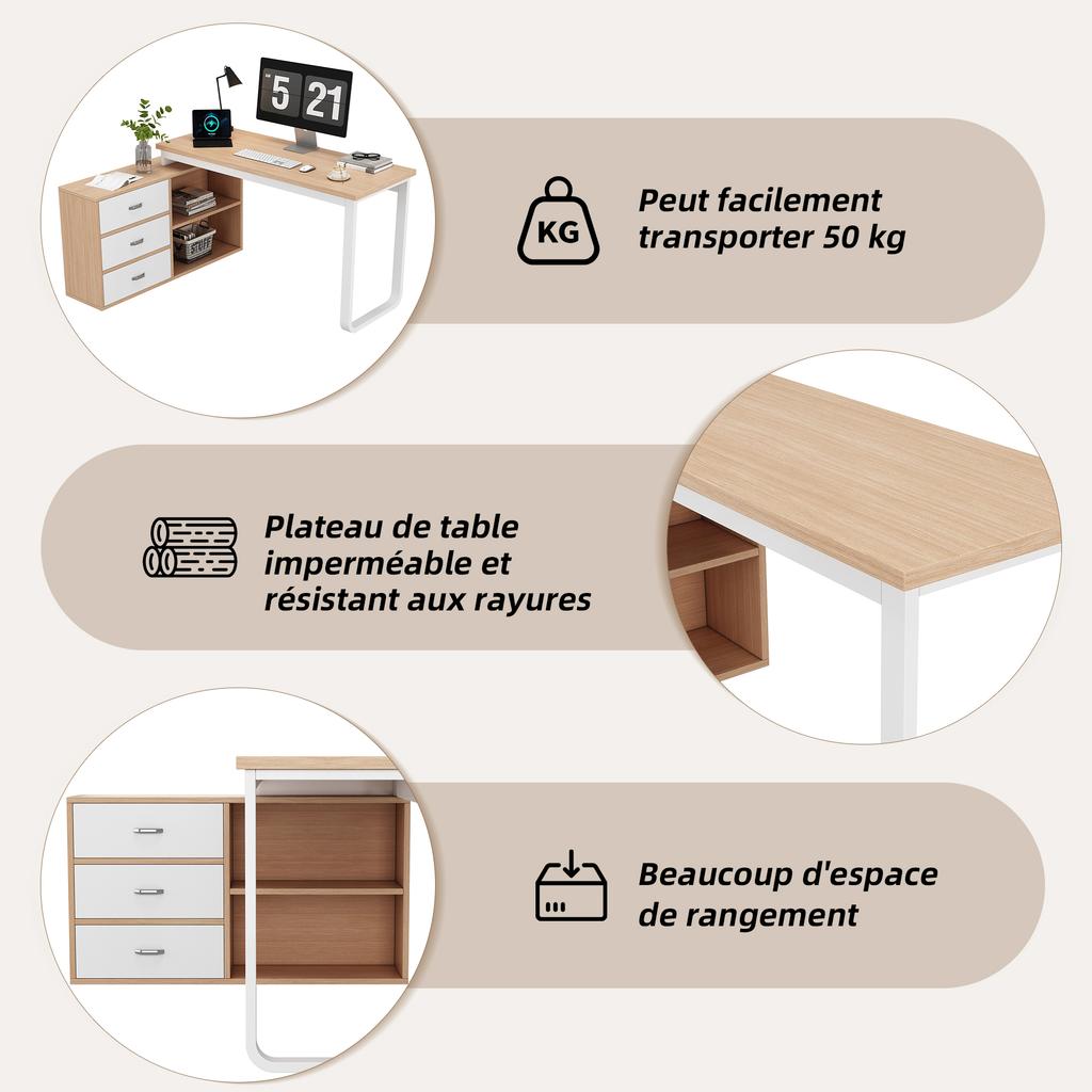 Simple Desk, Office Desk, Three Drawers, Two Open Storage Compartments, Solid Steel Tube, Wide and Thick Tabletop, Stable Load Capacity, Natural