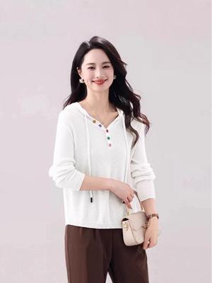 2025 Γυναικείο Πλεκτό Πουλόβερ Άνοιξης/Φθινοπώρου με Κουκούλα, Μακριά Μανίκια, Μισάνοιχτο Κολάρο και Χρωματιστά Κουμπιά: Μοντέρνο, Αδυνατιστικό & Αντιγηραντικό