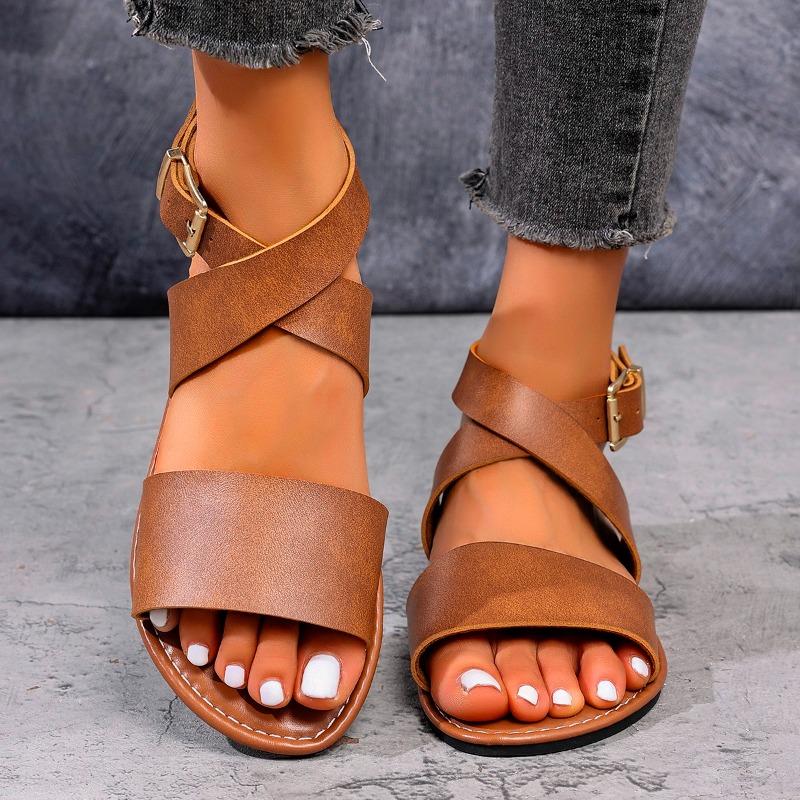 Plus Size New Crossover Strap Sandals Summer New Round Toe Lightweight Simple Temperament Soft Sole Roman Shoes
