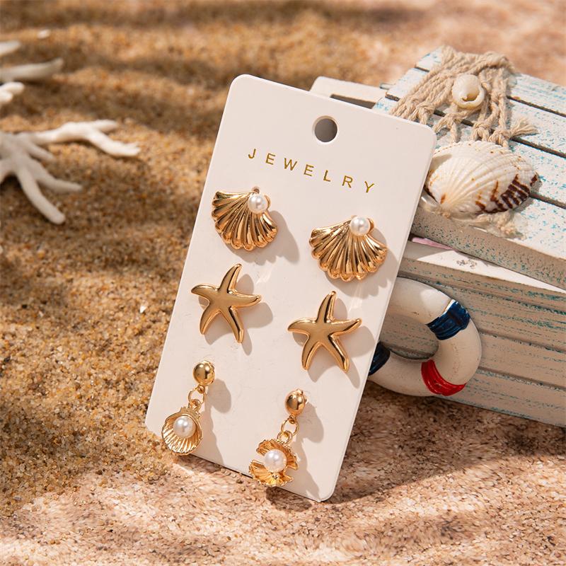 3Pairs Earring Set Gold Color Plated Imitation Shell Smooth Sea Star Pendant Pearl Earrings Women's Jewelry Gift