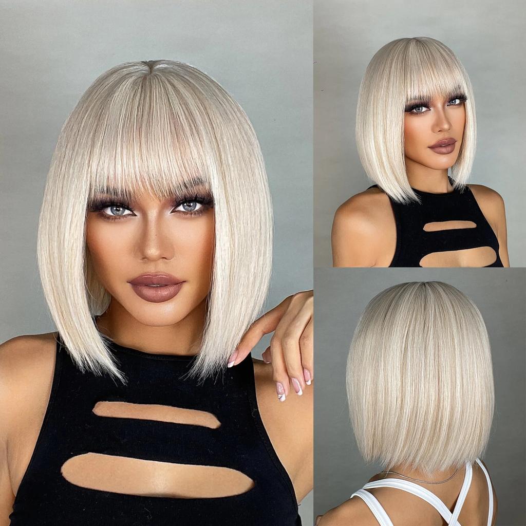 Short Orange Straight Bob Hair Synthetic Wigs with Bangs Orange Colorful Cosplay Party Wig for Women Heat Resistant Fiber Daily