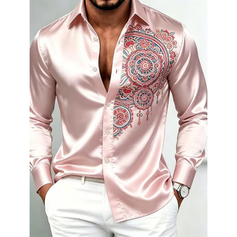 New Heart-shaped Rolled Grass Cross Partial Printed Long Sleeved Shirt with a Smooth Drape and Satin Lapel for Men