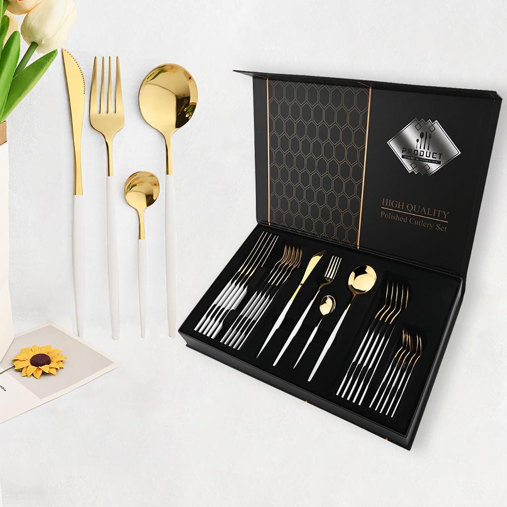 24pcs Pink Gold Dinnerware Set Knife Forks Spoon Cutlery Set with Gift Box Stainless Steel Spoon Flatware Kitchen Tableware