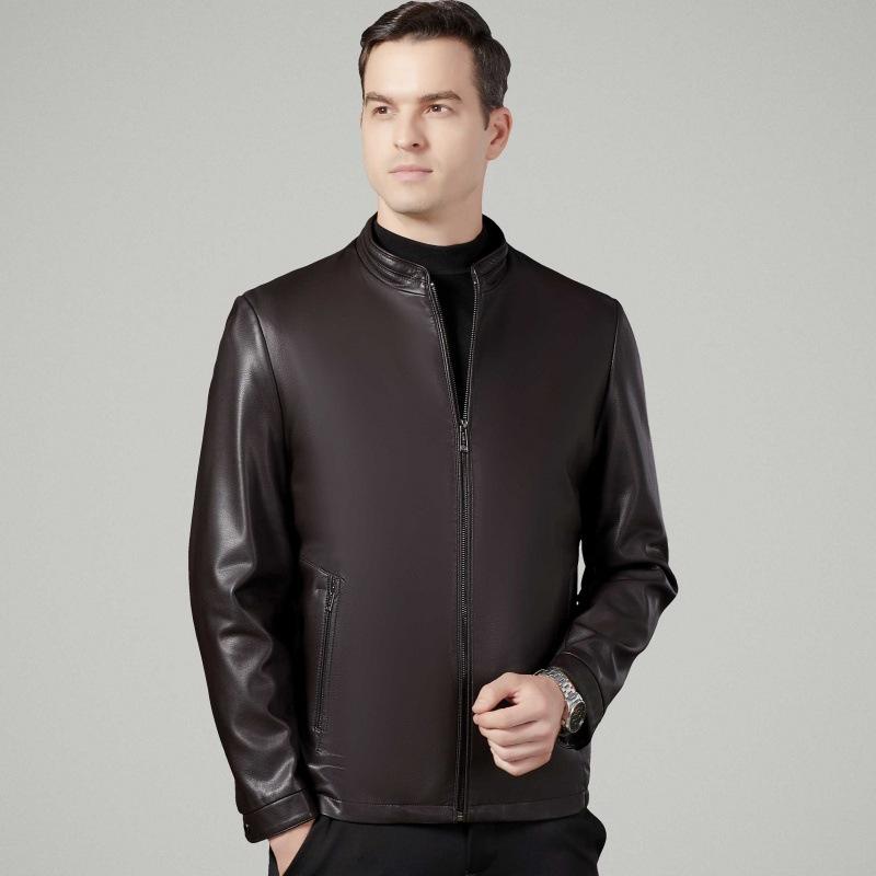 Autumn new men's leather jacket business casual leather top middle-aged father sheepskin stand-up collar jacket