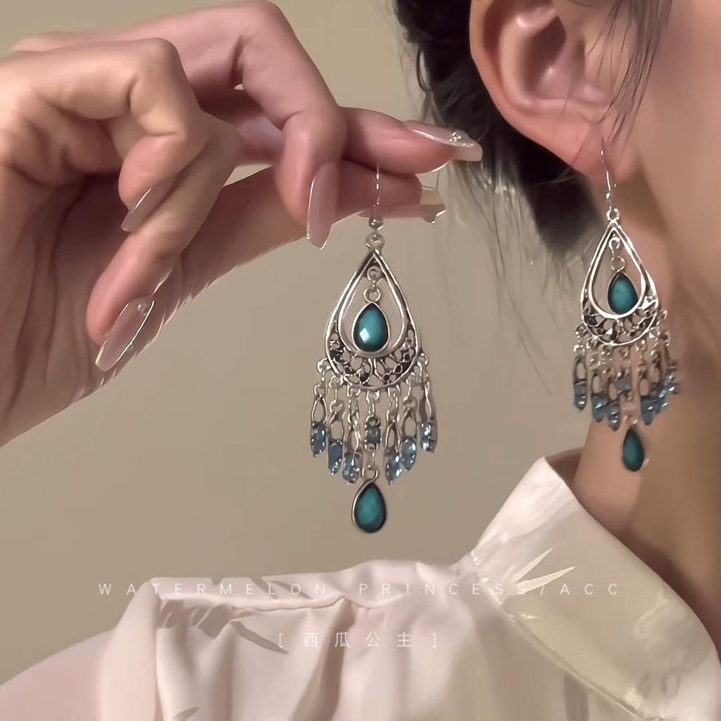 Bohemian water droplets crystal rice beads fringed ear hooks retro ethnic style earrings fashion vacation style earrings