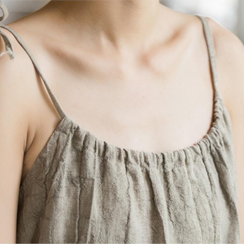 Johnature Women Vintage Ramie Cotton Spaghetti Strap Dress Summer Female Solid Color Sleeveless Dresses