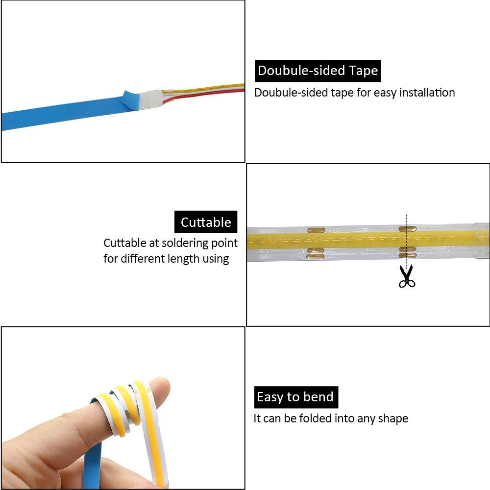 Dual Color Temperature COB LED Strip Light, 12V/24V, 608 LEDs, 5-10mm Wide, No Spotting, Cabinet Line Light.