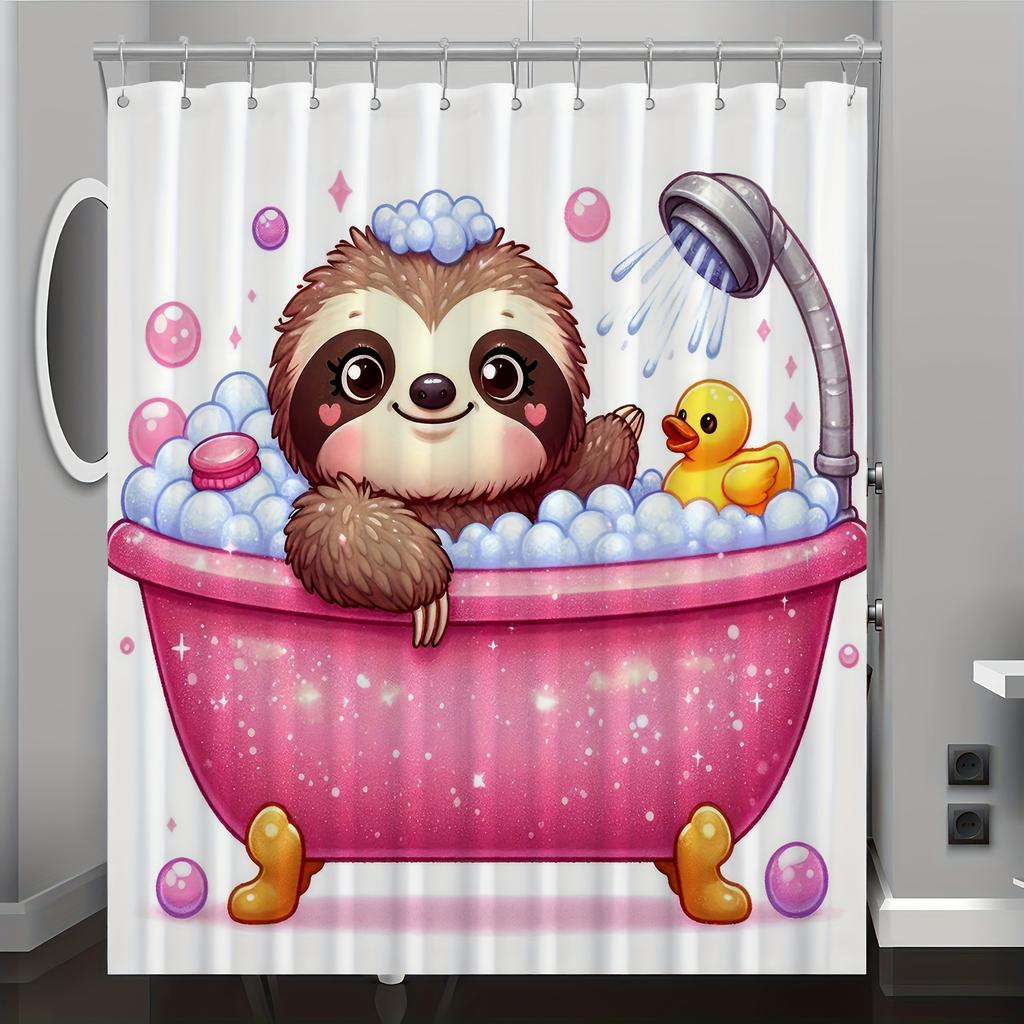 Cute Sloth Cartoon Printed Shower Curtain - Reversible Polyester, Machine Washable,  All-Season Knit Weave for Bathroom Decor