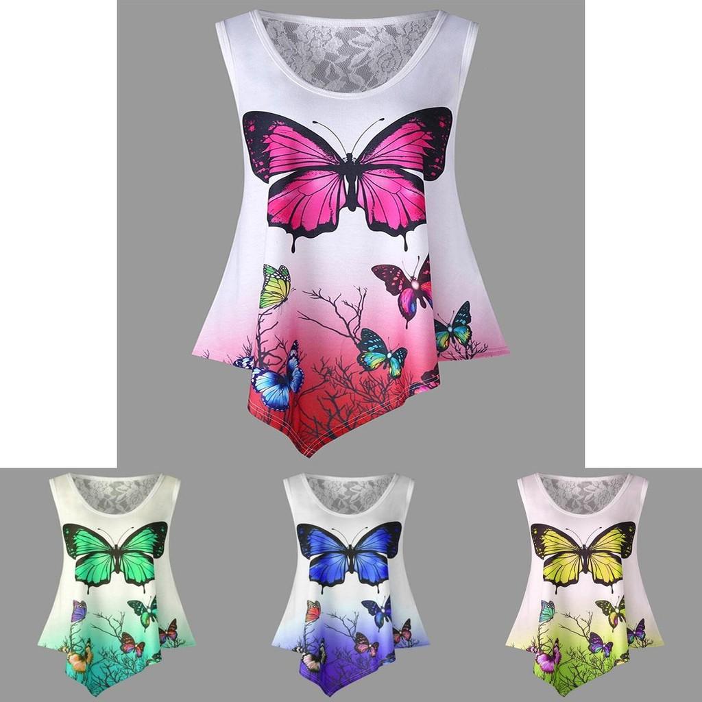 Stylish Women Sleeveless Butterfly Print Lace Patchwork T-shirt For Summer Chic