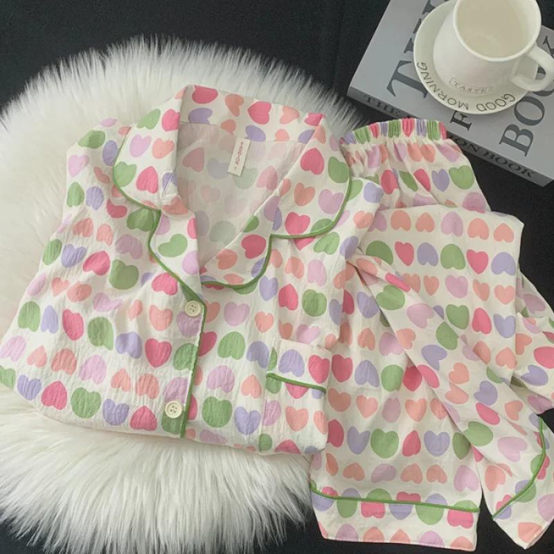 "Dámské bavlněné pyžamo s třešňovým medvídkem - Jaro/Podzim, Dlouhý rukáv, Roztomilý kreslený svršek"