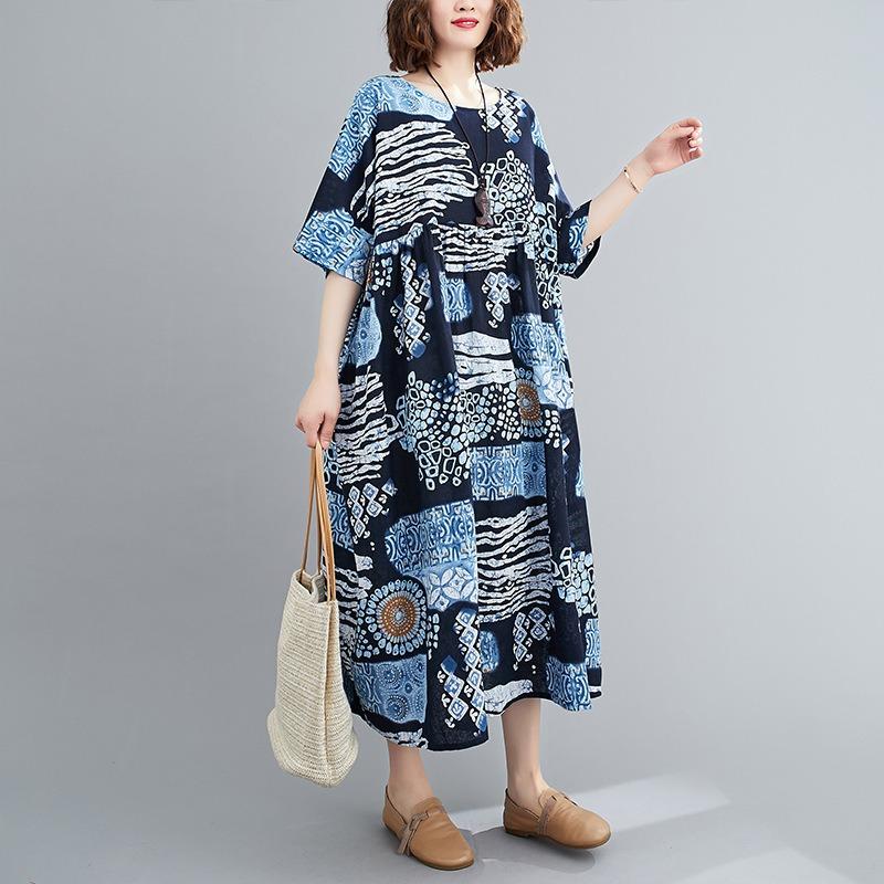 Summer New Cotton and Linen Large Size Literary and Retro Loose and Thin Short-sleeved Big Swing Dress Women