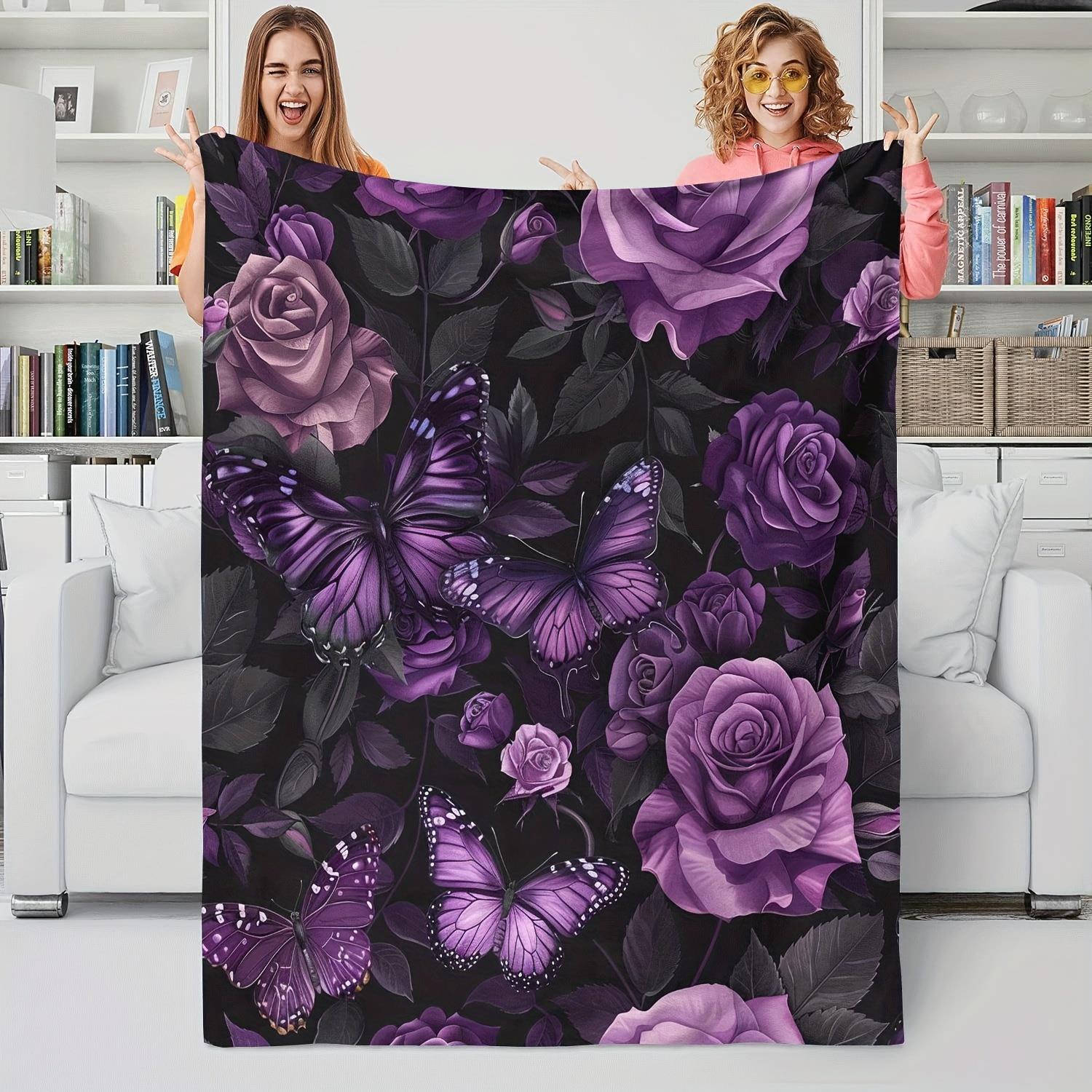 

Purple rose butterfly pattern soft plush throw blanket - all-season soft sofa bed, machine washable - home decor, camping 75x90cm
