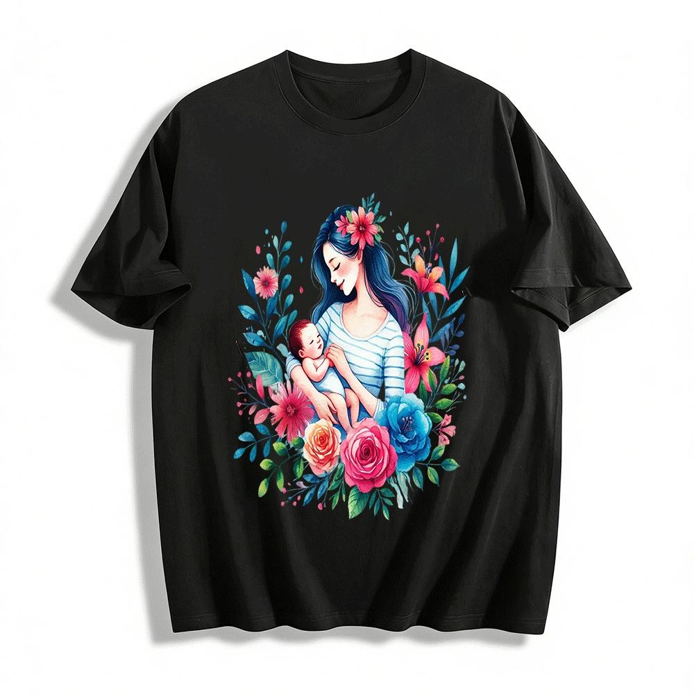 Floral Print Mom And Baby Embrace Family Matching Tops Pure cotton T-shirt XXS