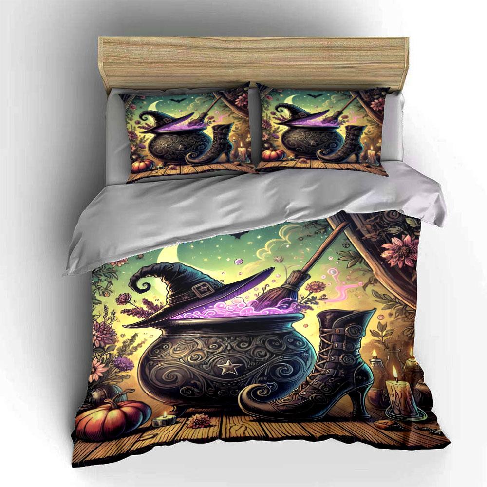 Witch Cauldron Hat Boot Set Bedding Set With 1 Duvet Cover 2 Pillowcases Single Double King Queen, Gift