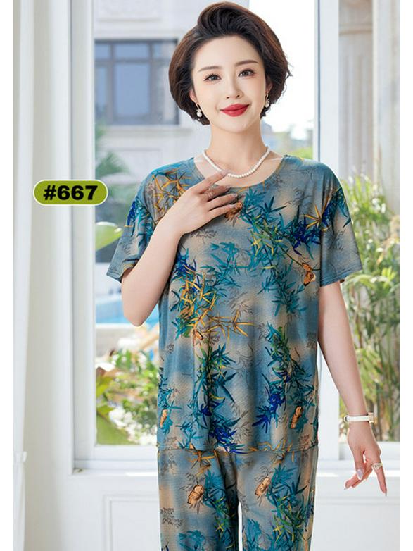 Women's Plus Size Ice Silk Pajama Set: Casual Short Sleeve Two-Piece for Middle-aged and Elderly Moms