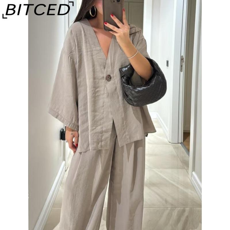 BITCED Women's Fashion Casual Set V-neck Single-Button Loose-Fit Long-Sleeve Top High-Waisted Trousers Two-Piece Set