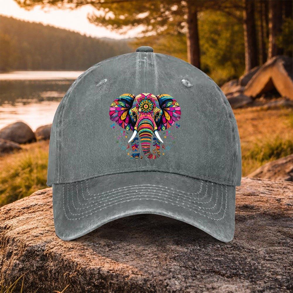 Mandala Elephant Graphic Washed Baseball Cap Adjustable Cotton Outdoor Casual Unisex Hat