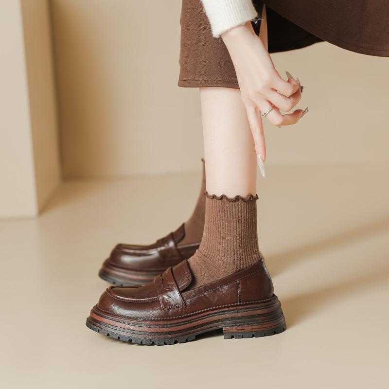 Thick-soled British Style Round-toe Single Shoes for Women's New Spring and Summer Pedals with One Foot and Grabbing Sheepskin Retro Thick Heels Shoes