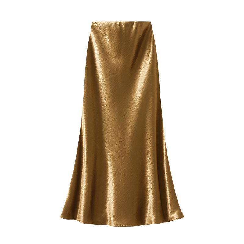 Qooth Elegant Women Satin Fishtail Skirt Maxi Length Bodycon Slim Elastic Waist Skirt QT2762