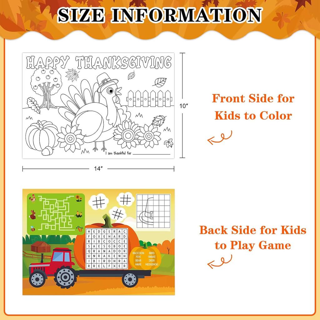 PETCEE Thanksgiving Coloring Placemats - 16PCS 14''x10'' Double-Sided Kids Placemats for Colorful Craft Activity & Party Decorations