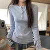Light blue button-up front shoulder top women's early spring tight and thin Spice Girl style long-sleeved T-shirt with bottoming shirt