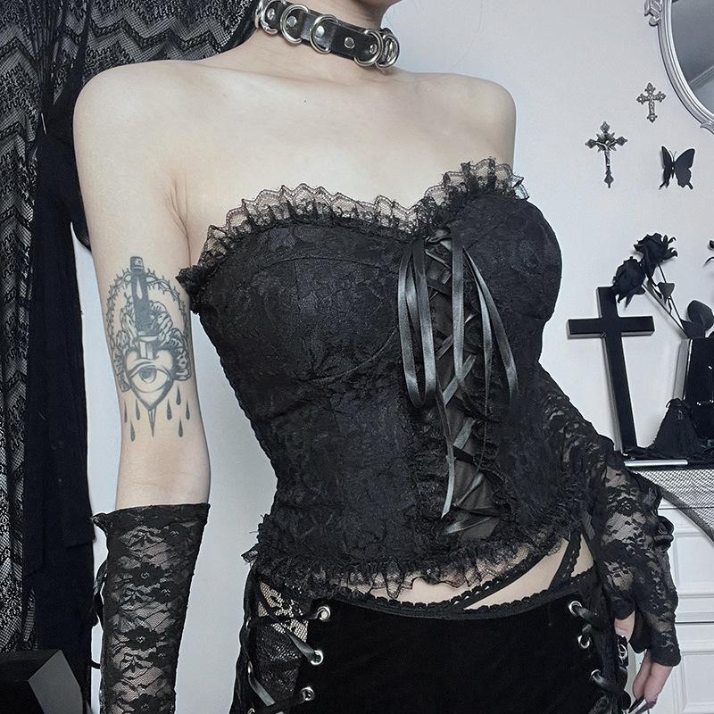 

Сексуальные топы без бретелек с открытыми плечами в стиле гранж Mall Gothic Y2k, обтягивающий укороченный топ с кружевной отделкой, женский топ с открытой спиной и гофрировкой без бретелек