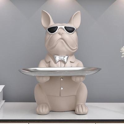 Escultura de Mesa Bulldog Francês com Bandeja e Armazenamento de Moedas