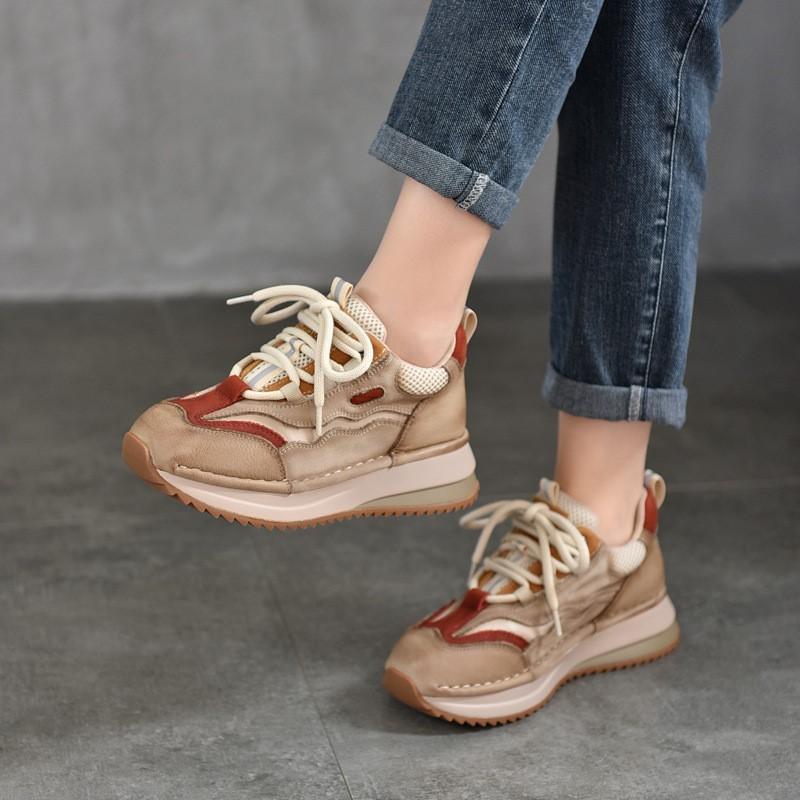 Johnature Genuine Leather Casual Sports Lace Up Anti Slip Women's Shoes Retro Mixed Colors Thick Soled Sneakers
