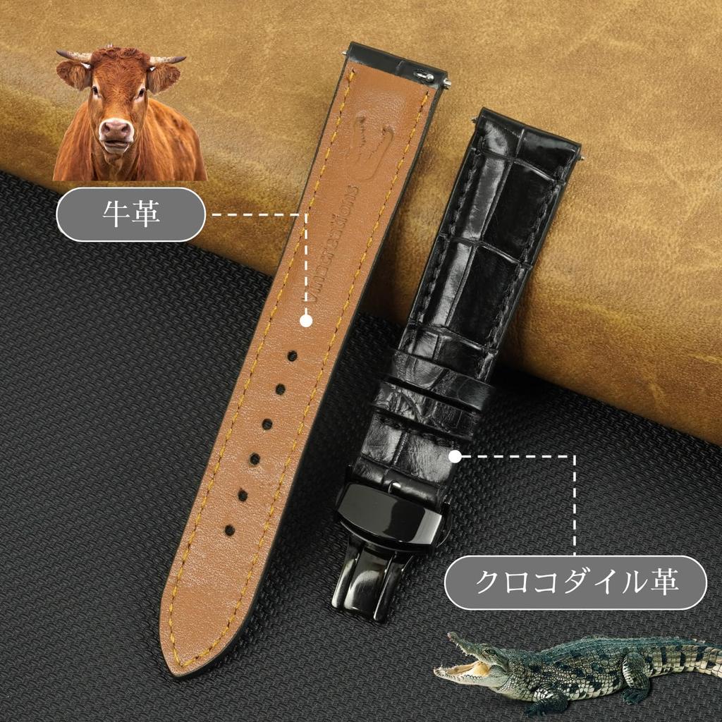 [vinacreations] 21mm Black Crocodile Watch Strap with D-Buckle, Men's Crocodile Replacement Watch Band with Quick Release Spring Bar, Black Wristband,