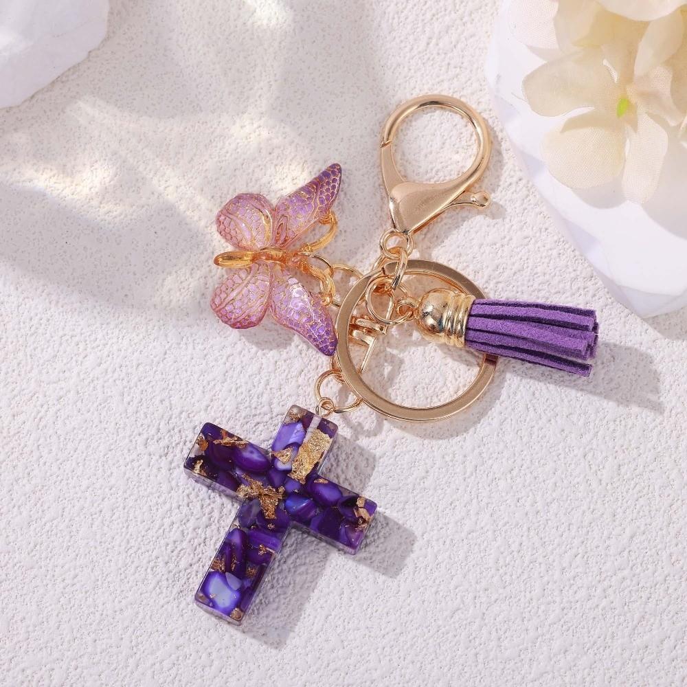 Resin Cross Pendant Keychain Sequin Bag Hanging Fashion Butterfly Keychain Key Decor