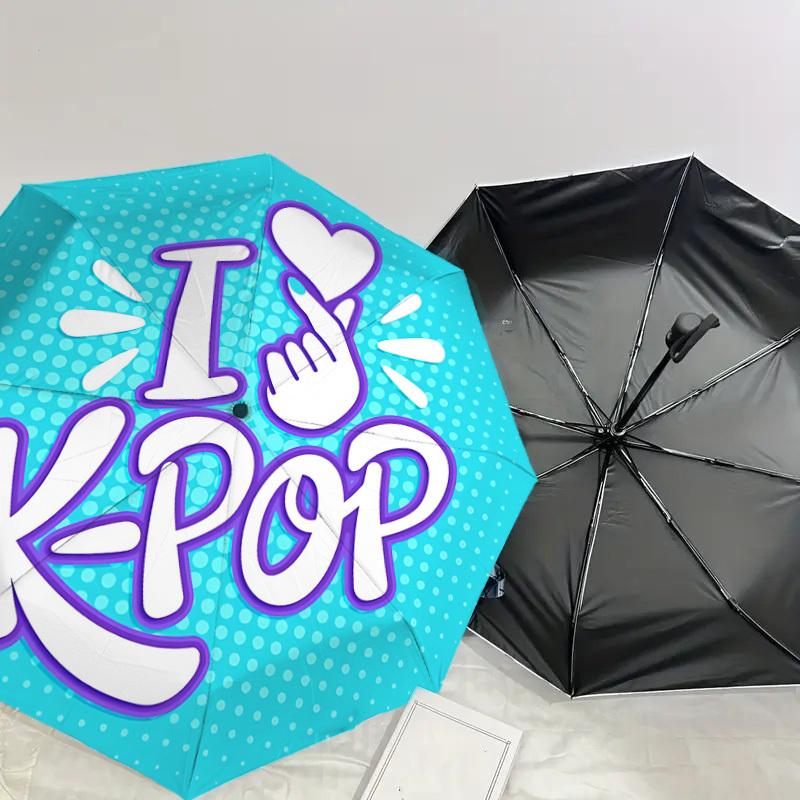 1PC I Love KPOP Automatic Open/Close Umbrella with Windproof, 8-Rib Sturdy Canopy, Durable Ribs, Fashionable Design, Outdoor Accessory, Fun Prin, Holi
