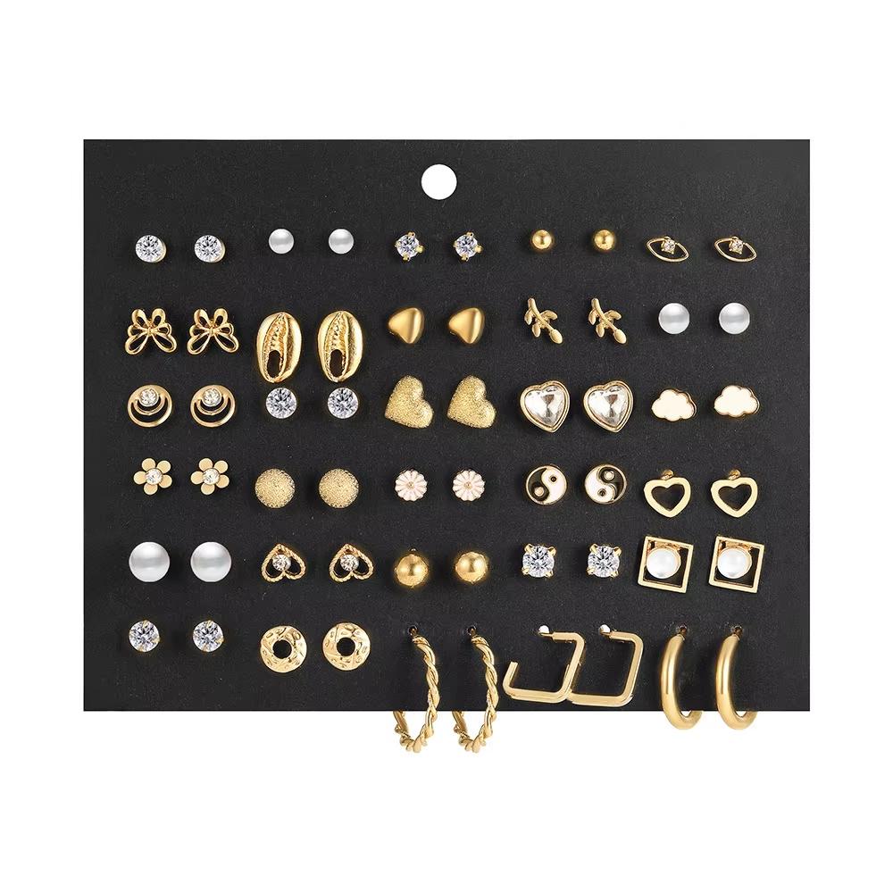 

40 Pcs Gold Color Earring Set for Women Vintage Butterfly Heart Pearl Crystal Stud Earrings Korean 2025 New Simple Jewelry Gifts