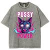 T-shirt imprimé chat Pussy Power pour femme, col ras du cou, manches courtes, style streetwear, unisexe