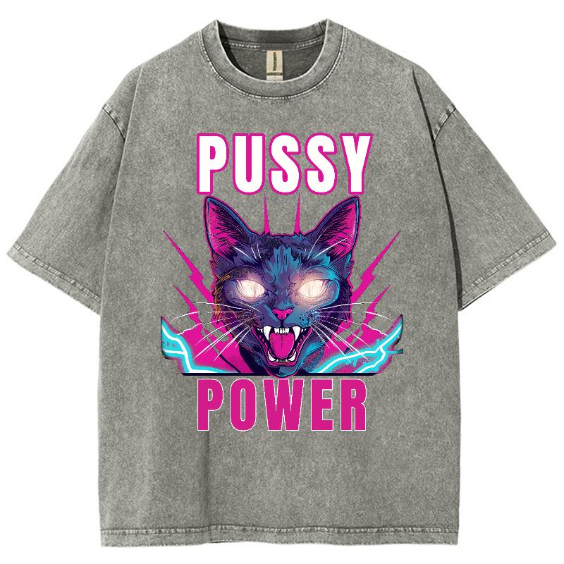 Pussy Power Cat Print dame T-skjorte vasket rund hals, kortermet Street Cool Top Unisex