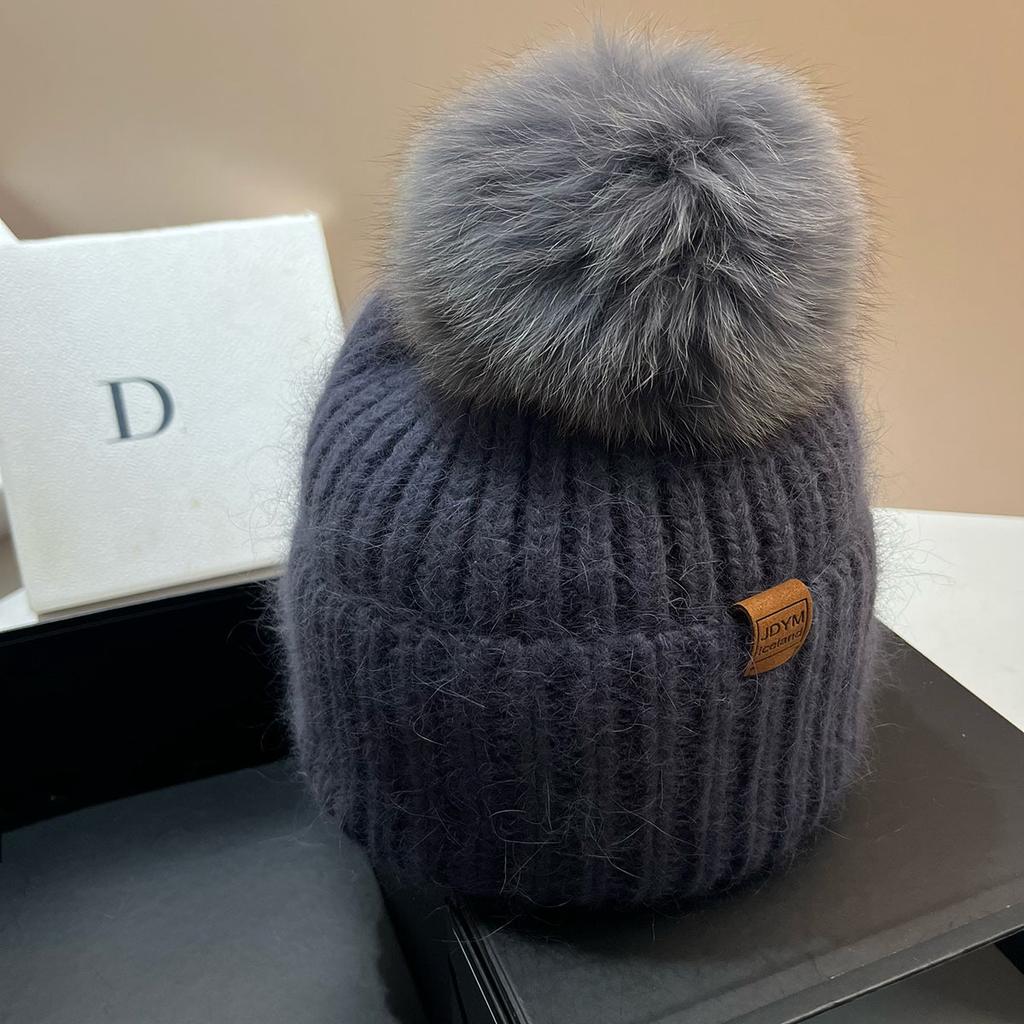 Flowers and Junior Star Rabbit Hair Knitted Hat Icelandic Fox Hairball Ear Protector Winter Thickened Warm Wool Hat