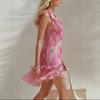 Wind, Pink Flower Print Sleeveless Suspender Dress Vacation Style Temperament V-neck Ruffle Edge