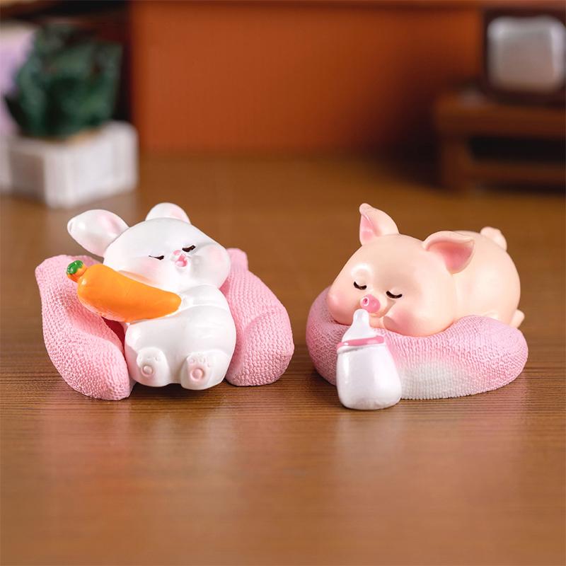 Mini Figurines Sleeping Cat Pig Rabbit Dog Resin Crafts Miniature Landscape Flower Pot Garden Ornaments Home Desktop Decoration