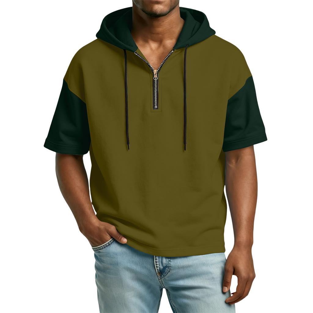 Men's Casual Hooded Zipper Neck Sweatshirt Short Sleeve Top