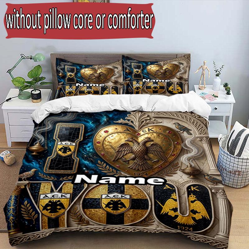 3pcs Duvet Cover Set (1*Duvet Cover + 2*Pillowcase, Without Core), Custom Name AEK Athens FC Pattern Bedding Set, Home Bedroom Decor Gift