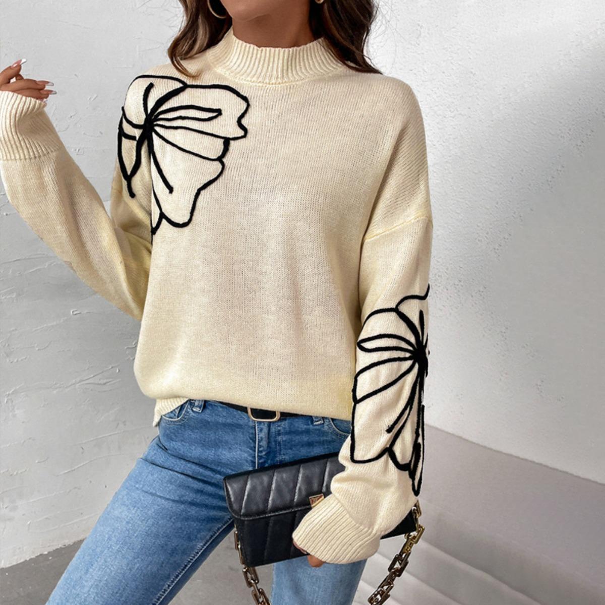 

2025 New Autumn Winter Women s Sweater Half High Neck Floral Pattern Fashion Pullover for Women L абрикосовый