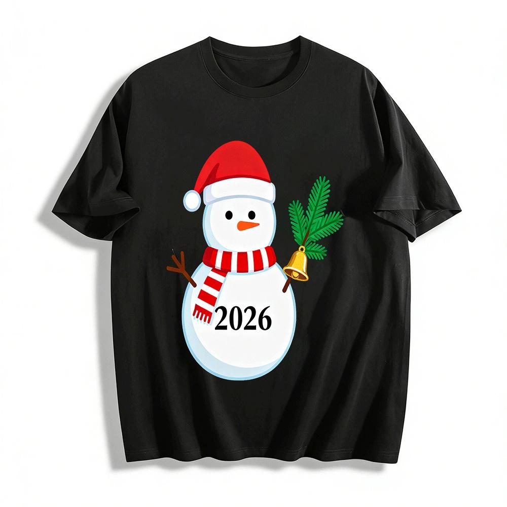 2026 Christmas Snowman Print Casual Top Festive Vibe Crewneck T-Shirt Pure cotton T-shirt XXS
