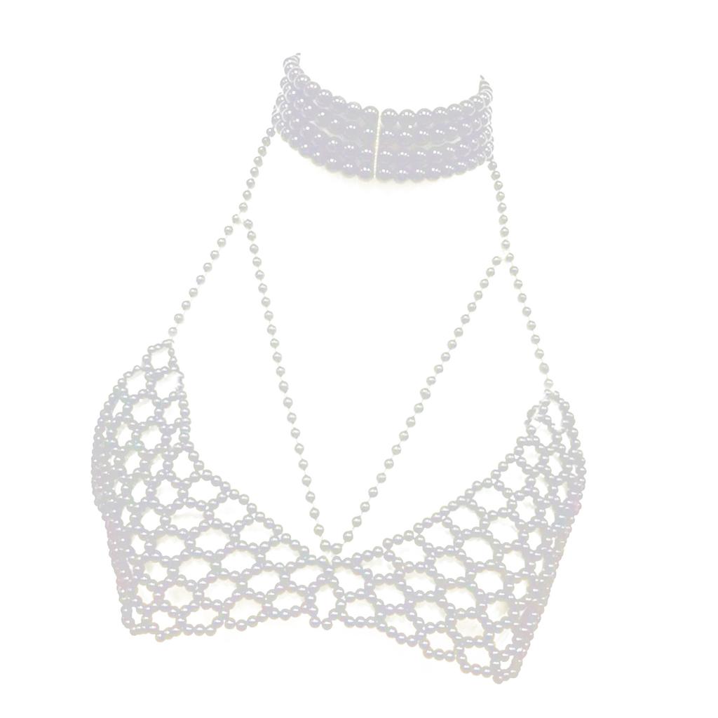 Elegant Pearls Bra Body Jewelry Chain Adjustable Chest Bead Decoration Portable for Women Beach Fashion Accessory
