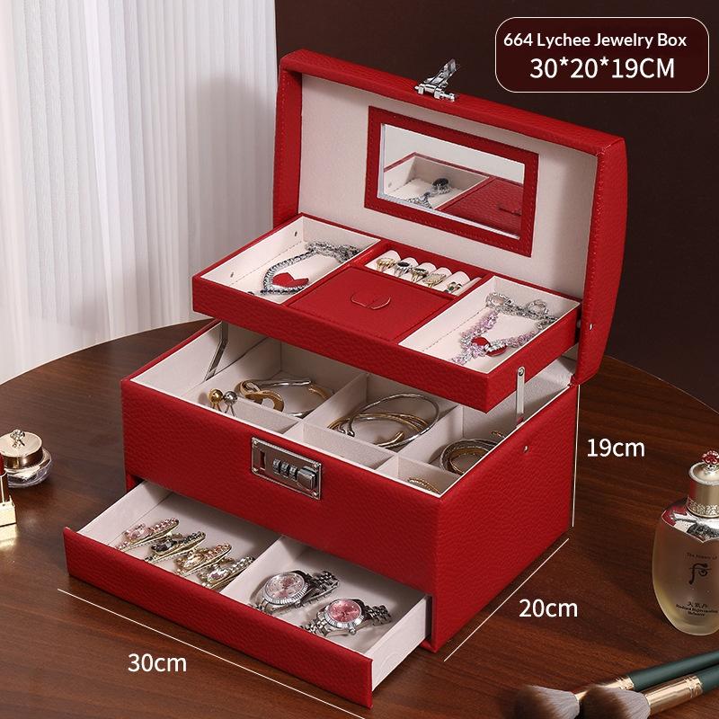 Minimalist High-end Jewelry Storage Box Pu Multi-layer Multi-function Large-capacity Jewelry Box with Mirror and Lock