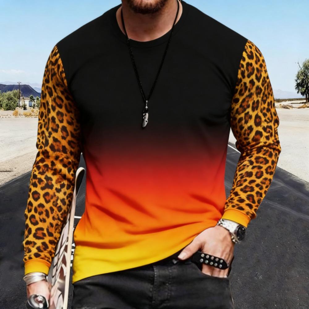 

Spring Funny Leopard Gradient Print Pullover Europe America Fashion Comfortable Men s Long Sleeve T-shirt Outdoor Oversized Tees Top S