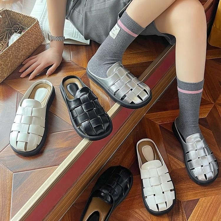 Cowhide version~ Beach bag head slippers women's outer wear 2025 summer new casual versatile woven Roman sandals