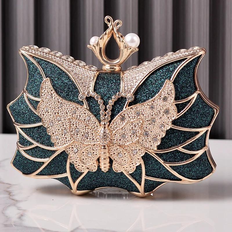 

Fashion Luxury Evening Bags Hollow Butterfly Party Bag Bridal Wedding Diamond Clutch Elegant Banquet Handbags Dinner Purse Sac зелёный