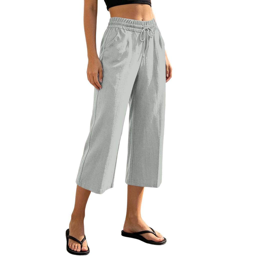 Women Drawstring Waist Loose Fit Cotton Linen Cropped Pants with Back Pocket Relaxed Fit Casual Seven Eighths Trousers for Daily Wear