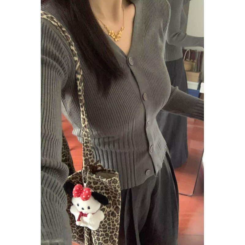 

Dark Gray Soft Glutinous V-neck Long sleeve Knit cardigan Women 2024 Autumn Bottoming Shirt Chic Temperament Slim fit Outer Wear Top Grey 2XL